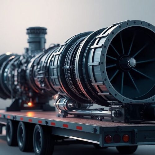 Turbina a gás em um caminhão plataforma, representando a xAI de Elon Musk, que opera quase 50 turbinas gasosas sem regulamentação na sua central de dados no Mississippi, impactando a qualidade do ar na região.