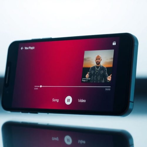 A imagem mostra a nova interface de reprodução em divisão do YouTube Music, destacando os ícones de 'Música' e 'Vídeo' em um smartphone. Esta redesign oferece uma experiência visual melhorada com maior foco na arte da capa, refletindo as últimas atualizações no aplicativo YouTube Music.