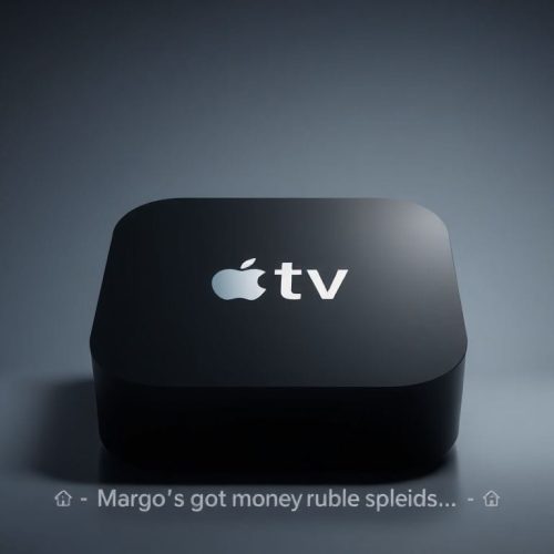 Imagem fotorealista da Apple TV, destacando o novo seriado 'Margo’s Got Money Troubles', que foi renovado para a segunda temporada. A estética moderna da Apple é apresentada em detalhes com iluminação cinematográfica.