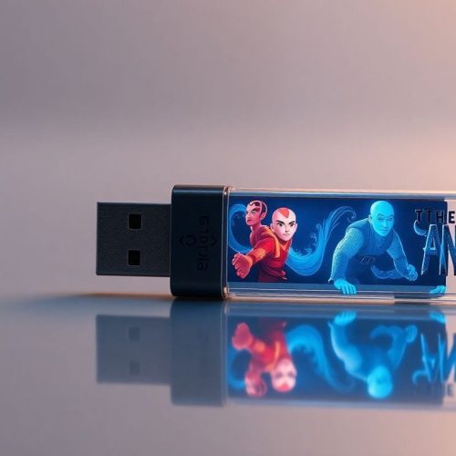 Imagem de um USB perdido emanando hologramas vibrantes com personagens do filme 'The Last Airbender', simbolizando o impacto do vazamento que dividiu os fãs e levantou questões sobre a abordagem da Paramount em relação ao marketing e à criatividade.