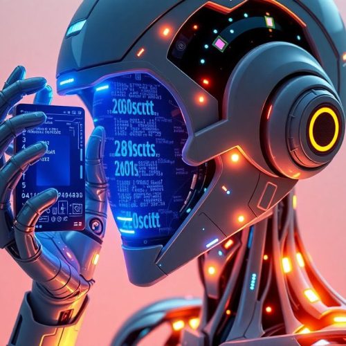 Imagem de um robô futurista analisando sua própria programação, representando o conceito de IA se construindo e melhorando a si mesma, um tema central da notícia 'O que acontece quando a IA começa a se construir?'.