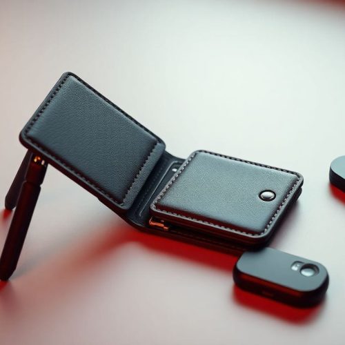 Imagem do Moft Trackable Tripod Wallet destacando seu design moderno e funcionalidade, incluindo o rastreador integrado e o botão de disparo remoto, que o tornam um acessório essencial para quem busca praticidade na fotografia.