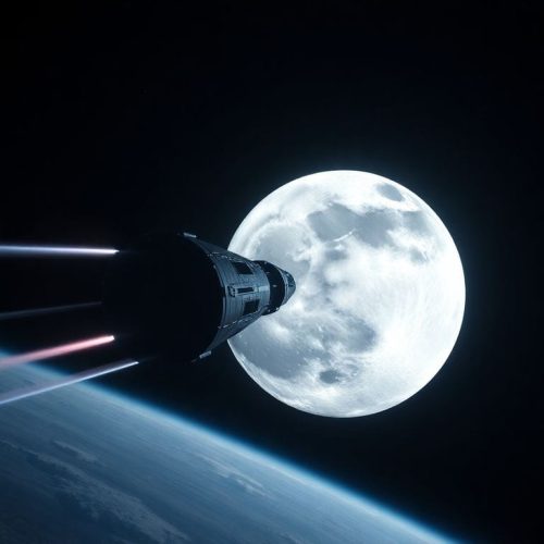 Imagem mostrando uma espaçonave em trajetória rumo à Lua, representando a rota mais econômica mapeada por pesquisadores em uma recente inovação tecnológica no planejamento de missões lunares.