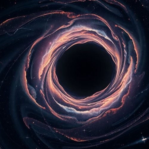 Representação artística de buracos negros em um cenário cósmico, ilustrando a hipótese de que a matéria escura pode ser composta por buracos negros de outro universo, sugerindo uma origem além do Big Bang.