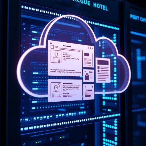 Um servidor moderno com luzes LED azuis exibe uma interface de armazenamento em nuvem aberta, revelando documentos de identidade sensíveis. Este cenário destaca a falha de segurança em um sistema de check-in de hotel, que expôs um milhão de passaportes e carteiras de motorista ao público.