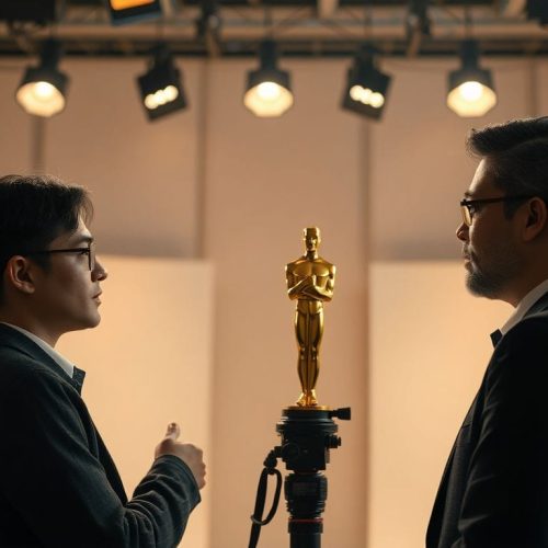 Imagem de um set de filmagem com atores tradicionais, destacando a recente decisão do Oscar de excluir performances geradas por IA das categorias de atuação e roteiro, enfatizando a importância do talento humano no cinema.
