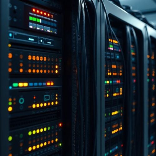 Um rack de servidores moderno, iluminado por LEDs, simboliza o processo de venda de dados antigos de conversas no Slack e emails de empresas falidas para treinar modelos de inteligência artificial.