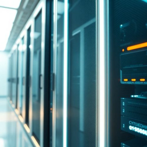 Imagem de um servidor futurístico, representando o crescimento no setor empresarial com a startup Cursor, que está em negociação para levantar mais de $2 bilhões em novos investimentos e alcançar uma avaliação de $50 bilhões.