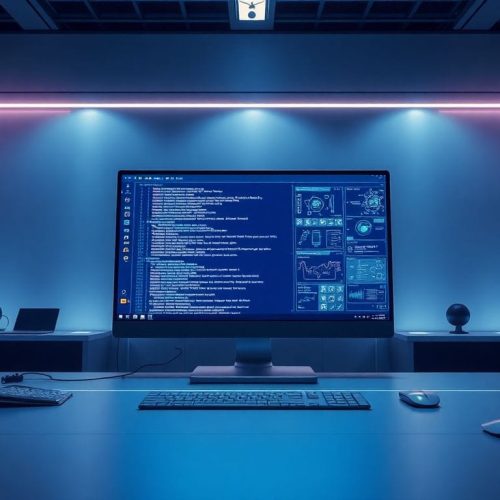 Uma cena tecnológica apresenta uma interface de computador futurista, destacando o ambiente de trabalho de inteligência artificial, refletindo a saída de Kevin Weil da OpenAI e a descentralização de sua equipe. A imagem representa a essência de inovações em IA que estão moldando o futuro da ciência.