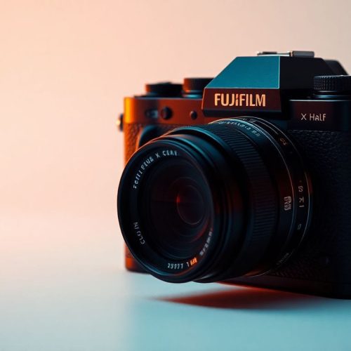 A Fujifilm X Half digital camera em destaque, refletindo sua estética lúdica e vintage, agora com um corte de preço de $300, tornando-se uma opção acessível para fotógrafos que buscam uma experiência analógica em imagens digitais.