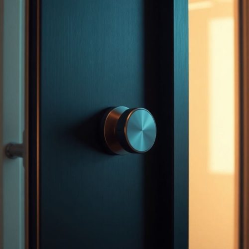 Uma imagem de um elegante smart lock instalado em uma porta da frente, aprimorando a aparência exterior e o estilo da casa, evidenciando os acessórios inteligentes para aumentar a atratividade da fachada.