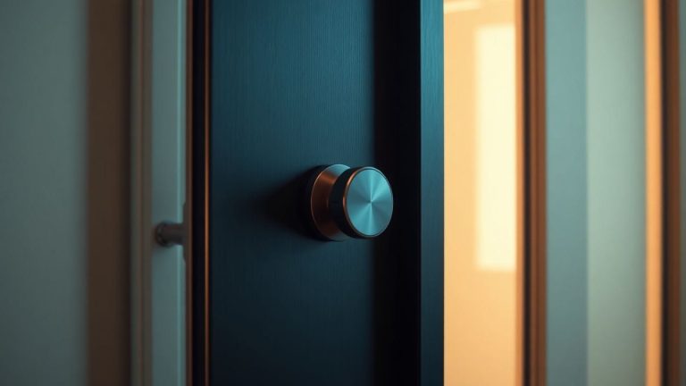 Uma imagem de um elegante smart lock instalado em uma porta da frente, aprimorando a aparência exterior e o estilo da casa, evidenciando os acessórios inteligentes para aumentar a atratividade da fachada.