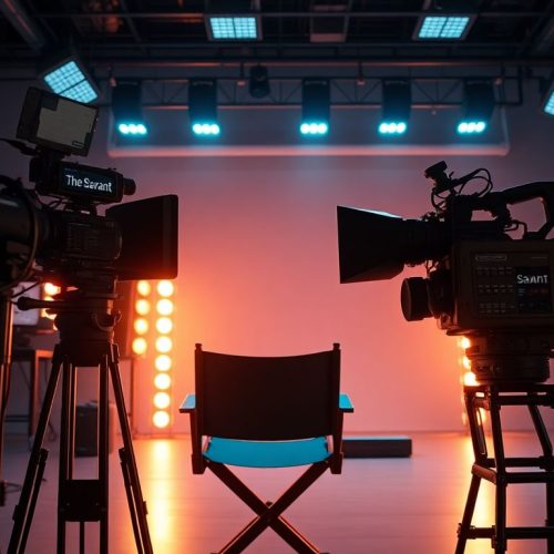 Imagem de um set de filmagem de alta tecnologia da série de thriller psicológico 'The Savant' da Apple TV, que finalmente será lançada neste verão. A cena é gravada com equipamentos cinematográficos avançados e telas brilhantes, criando uma atmosfera de expectativa para os fãs.