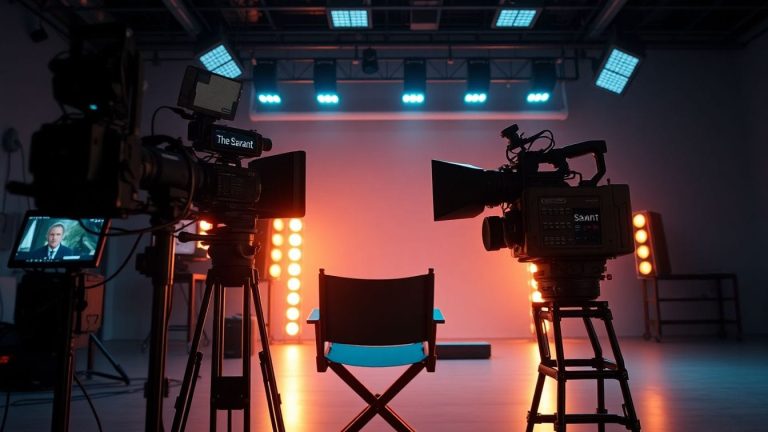 Imagem de um set de filmagem de alta tecnologia da série de thriller psicológico 'The Savant' da Apple TV, que finalmente será lançada neste verão. A cena é gravada com equipamentos cinematográficos avançados e telas brilhantes, criando uma atmosfera de expectativa para os fãs.