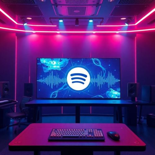 Ambiente de estúdio de música futurista, destacando uma interface de IA inovadora para a criação de capas e remixes de músicas, representando o acordo entre Spotify e Universal Music que permite covers feitos por fãs usando tecnologia de IA.