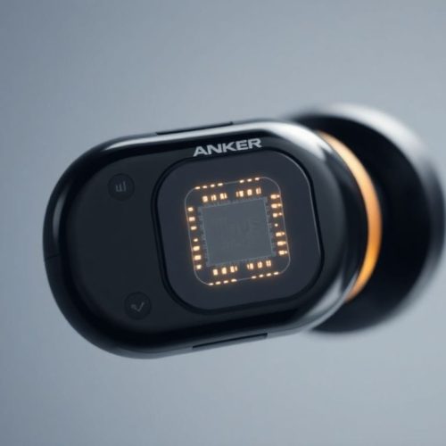 Imagem focada no novo chip Thus da Anker, responsável pela performance sonora dos fones de ouvido Soundcore Liberty 5 Pro, que traz inovações como controle de voz e cancelamento de ruído ativo.