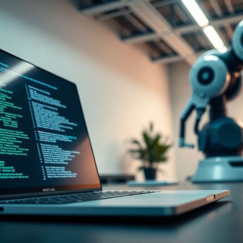 Imagem de um escritório moderno de startup, com um laptop elegante apresentando código em uma tela, destacando o conceito da janela de 12 meses para maximizar o valor das empresas de tecnologia.