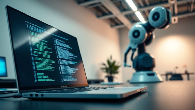 Imagem de um escritório moderno de startup, com um laptop elegante apresentando código em uma tela, destacando o conceito da janela de 12 meses para maximizar o valor das empresas de tecnologia.