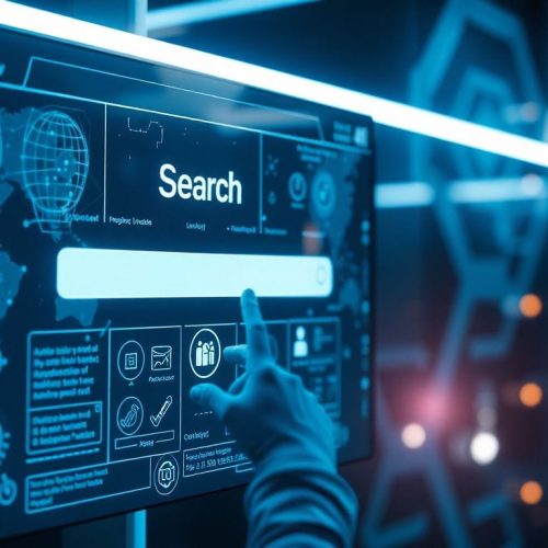 Imagem ilustrativa de um agente de IA interagindo com uma interface de busca futurista, representando a nova era pós-busca do Google. Esta inovação transforma a forma como as informações são acessadas e processadas, destacando o impacto da inteligência artificial na pesquisa digital.