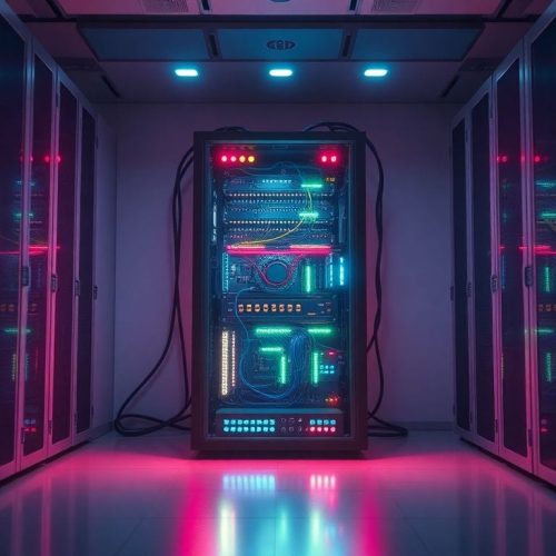 Imagem de um servidor tecnológico que simboliza a controvérsia recente, onde a FTC multou empresas que enganaram consumidores sobre sua capacidade de ouvir conversas. O servidor, cercado por um ambiente minimalista, reflete o futuro da publicidade digital e a privacidade dos dados.
