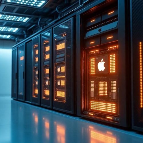Uma imagem de um servidor moderno com chips Apple Silicon, destacando a crescente demanda por IA local e como isso pode moldar um novo modelo de negócios para a Apple.