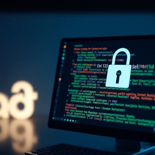 A imagem retrata a tela de um computador com códigos de segurança, refletindo os desafios de segurança enfrentados pelo site da marca de roupas de Kash Patel, que foi fechado após relatórios de hackeamento.