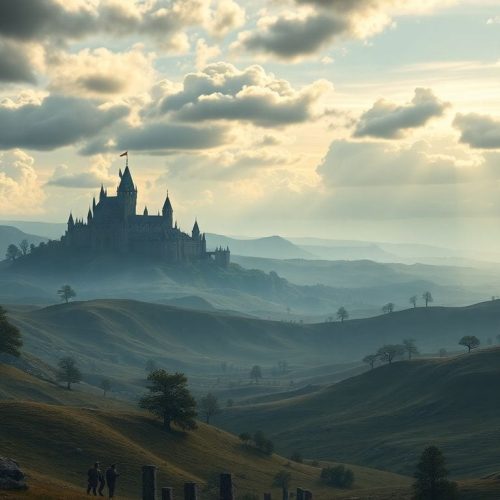 Paisagem épica do mundo de Elden Ring, apresentando colinas vastas e um castelo místico ao fundo, refletindo a essência do filme inspirado no jogo que chega aos cinemas em março de 2028.