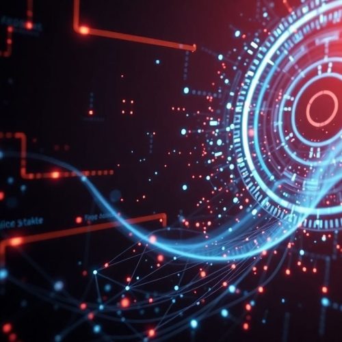 Imagem abstrata ilustrando algoritmos de busca na internet, com foco na dificuldade do Google em definir palavras como 'desconsiderar', 'parar' e 'ignorar', destacando a transição para uma experiência de busca mais baseada em IA.