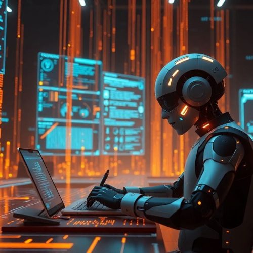 Um assistente de escrita de IA futurista destaca-se em meio a fluxos de dados brilhantes, ilustrando a influência crescente da IA na comunicação corporativa com construções frasais populares.