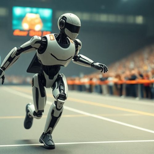 Um robô humanoide que quebrou o recorde da meia-maratona na China, demonstrando uma incrível fusão de tecnologia e performance, ao cruzar a linha de chegada em um tempo impressionante.