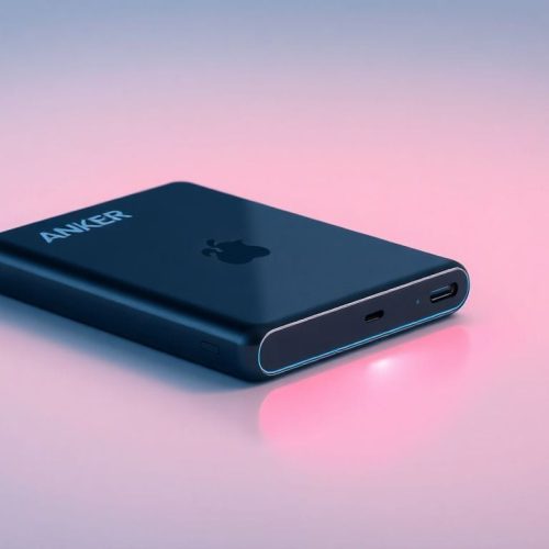 Um moderno banco de potência Anker, ideal para dispositivos eletrônicos, mostrando sua elegante design e capacidade de carga. Este modelo é um dos melhores power banks de 2026, perfeito para manter seus dispositivos sempre conectados.