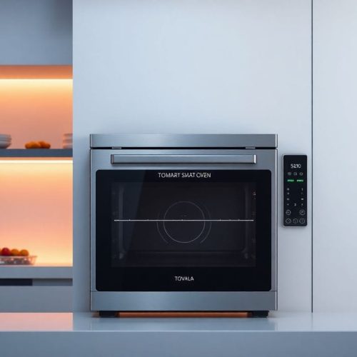 Imagem do forno inteligente Tovala, um exemplo moderno de automação na cozinha, que se destaca como um 'chef robô' ao preparar refeições com ingredientes frescos e fáceis de usar.