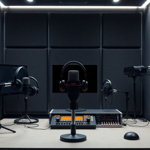 Uma moderna configuração de podcast em um estúdio futurista, refletindo a evolução do The Vergecast, com microfones e fones de ouvido detalhadamente dispostos para capturar a essência da discussão tecnológica de 2026.