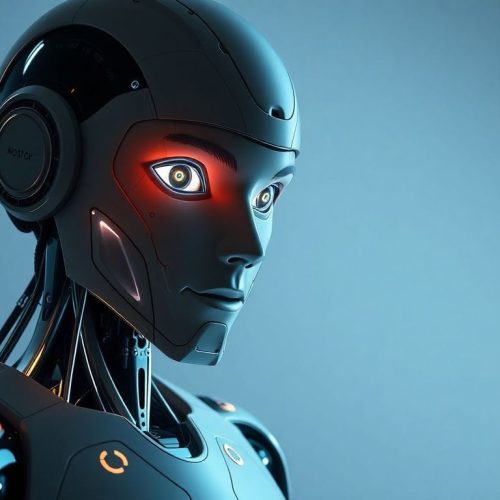 Um robô humanoide representando diferentes 'personalidades' de chatbot, destacando a exploração que hackers realizam nesse novo tipo de interação com a inteligência artificial.