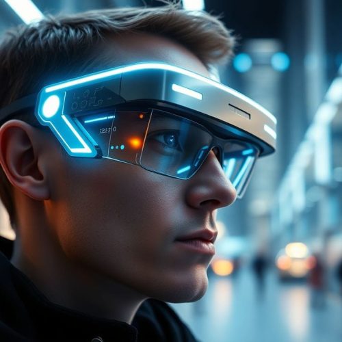 Uma pessoa usando óculos inteligentes Xreal em um ambiente urbano moderno, destacando a inovação e a funcionalidade da nova tecnologia desenvolvida em parceria com o Google, que pode finalmente transformar a indústria de óculos inteligentes.