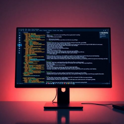 Uma tela de computador exibindo códigos complexos e elementos de interface, refletindo a iniciativa da Meta de monitorar os computadores de funcionários para treinar IA.