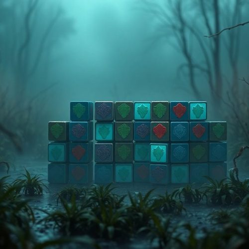 Imagem de um jogo match-three atmosférico, Meshchera, ambientado em um pântano assombrado, onde os jogadores combinam peças para resolver desafios intrigantes. A arte detalhada e a iluminação cinematográfica destacam a essência do jogo.