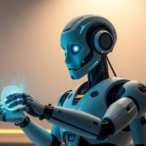 Um robô de IA em um ambiente de trabalho futurista, simbolizando as demissões em massa na ClickUp e a mudança no futuro do trabalho através da automação e inteligência artificial.