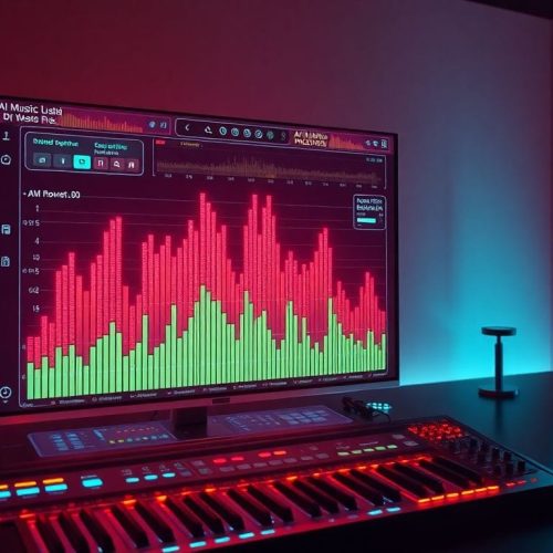 Uma interface de um gerador de música IA, destacando as ondas sonoras vibrantes e instrumentos digitais, simbolizando a tendência de usuários do Suno que ouvem exclusivamente suas próprias composições de AI.